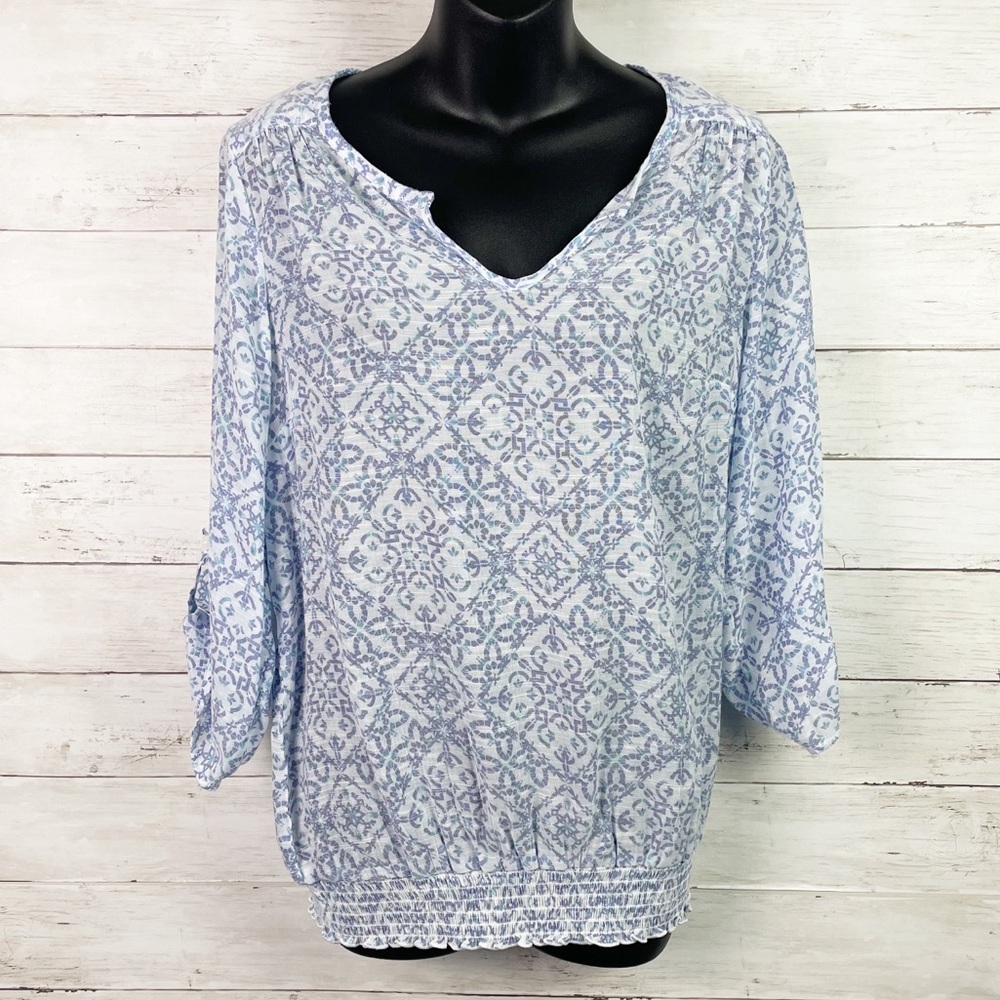 AB Studio Sheer Floral Pattern Ruched Gathered Waist Blouse